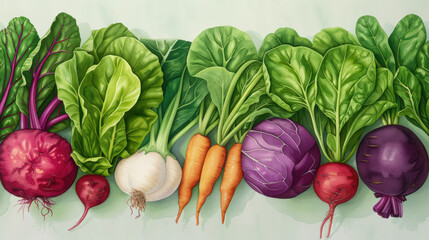 Wall Mural - A painting of various vegetables including carrots, beets, and cabbage