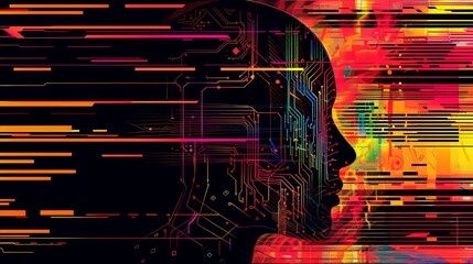 Abstract artwork of human head silhouette with circuit board design