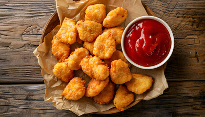 Poster - Chicken nuggets and sauce on a wooden background. Top view