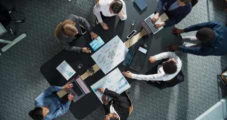 Aufkleber - Top Down View, Zoom Out: Diverse Professionals Working on Business Statistics Reports and Project Mindmap in an Office. Discussion and Data Analysis on Laptops and Charts. Teamwork, Innovation Concept