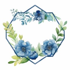 Wall Mural - Watercolor floral geometric shape frame with blue flowers and green leaves on white background. Wedding invitation and springtime concept. Design for greeting card, and botanical print. AIG35.