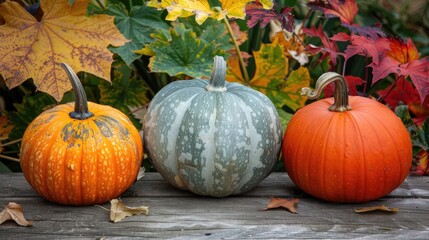 Canvas Print - Three vibrant pumpkins and squash displayed on a wooden table in a garden adorned with autumn leaves