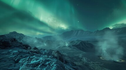 Wall Mural - a vast expanse of rugged volcanic terrain under the glow of the aurora borealis, with steam rising f