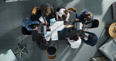 Aufkleber - Zoom Out Top Down View: Diverse Team Of Business Professionals With Laptops Entering The Conference Room And Sitting Behind Table To Discuss Financial Data And Project Mindmap in Corporate Office.