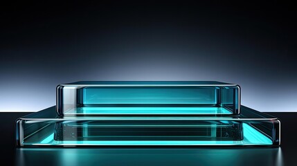Wall Mural - glass podium product stand or display with modern style, blur background and cinematic light