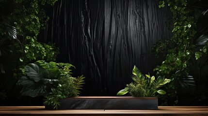Wall Mural - podium for product stand or display with plant background and cinematic light, front view