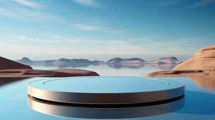 Wall Mural - 3d circle podium product stand or display with sky and Water background and cinematic light