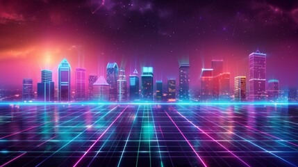 Poster - illustration of a futuristic skyscraper city in an 1980s style.