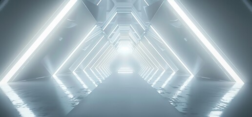 Poster - Futuristic Sci-Fi Triangle Shaped Tunnel Empty Corridor With Stripes And White Tube Lights 3D Rendering Of An Alien Ship