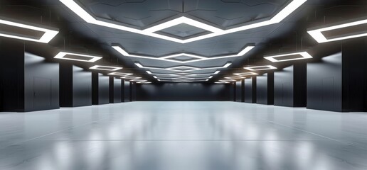 Wall Mural - 3D rendering of a futuristic interior black and white room with hexagonal white lights on the ceiling and an empty wall