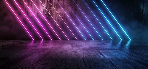 Poster - A futuristic Sci Fi Alien Ship Reflective Dark Empty Long Corridor Tunnel With Big White Windows And Purple Blue Abstract Shaped Neon Glowing Lines Background 3D Model.