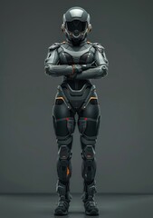Poster - CG cyborg woman standing with crossed arms on her chest. Serious young girl in a futuristic black armor suit with a helmet. Futuristic soldier concept.