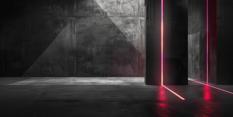 Poster - The interior of a high-detailed concrete room has stripes of light and reflections.3D illustration.