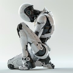 Poster - In the third dimension, a science fiction cyborg female squats down, placing her palm on the ground and gazing at the floor. She wears a futuristic black armor suit and sits on her haunches, looking