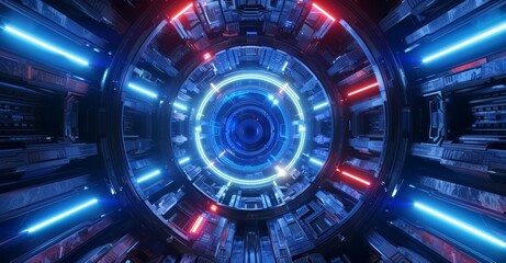 Poster - a sci corridor spaceship interior leads to an ai super computer future technology concept in 3d