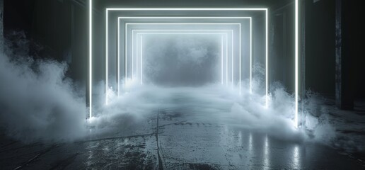 Poster - The design features futuristic neon lights and lasers in a white and red color scheme, creating an elegant retro sci-fi atmosphere. It was made for a retro spaceship club at night in a dark garage;