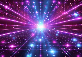 Poster - An 80s retro sci-fi background with a glowing neon grid. A banner, poster, and a rendering in 3D.
