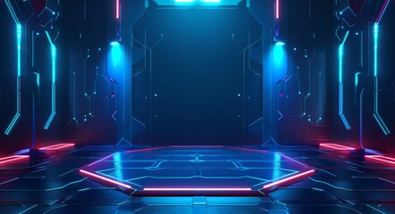 Poster - 3D rendering of futuristic sci fi empty stage, neon lights, abstract background, and 3D rendering