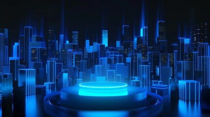 Poster - An abstract sci-fi technology floor with glowing blue futuristic podiums and blank pedestals for product displays. Ideal for technology, big data, computer hardware, stock, and cryptography.