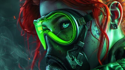 Canvas Print - Detailed illustration of a cyberpunk girl with short red hair wearing a futuristic gas mask, protective green glasses, and filters standing in an air-polluted night scene.