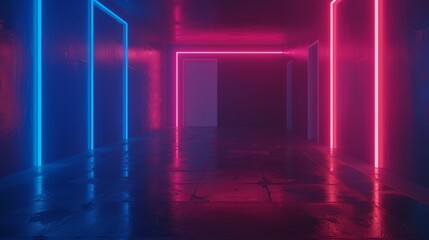 Canvas Print - A 3D rendering of an abstract neon background, Virtual Reality, a sci-fi modern empty stage with reflective concrete, a vibrant pink-blue spectrum.