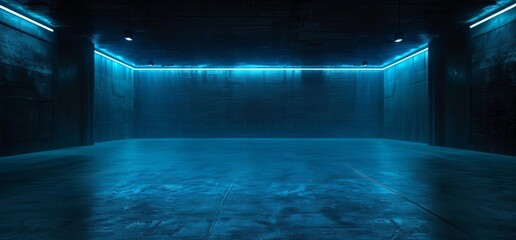 Poster - Realistic Cement Grunge Concrete Tunnel Corridor Hangar Dark 3D Rendering of Sci Fi Industrial Cyber Futuristic Stage Blue Neon Led Lights Glowing Showcase