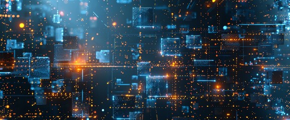 Poster - An animated 3D scene of colorful cubes arranged randomly in a grid. Digital technology background. Glow segments. Details.