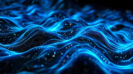 Poster - An abstract background with particles on an optical fiber network connecting servers in a cyberspace or online environment. An internet, cyberspace, or technology concept.