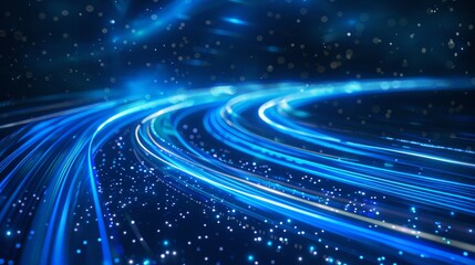 Poster - Illustration of bright energy stream on blue abstract background with colorful light trails. Futuristic dynamic data flow for technology concept.