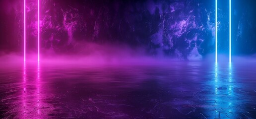 Poster - an elegant sci-fi space with a futuristic neon laser room, a garage hangar, a tunnel corridor with a