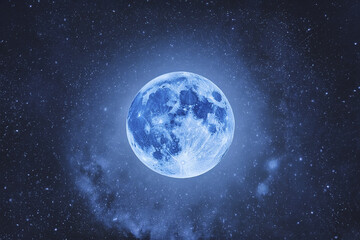 Blue Moon. Full moon. Super full moon. 19 August 2024. Super full moon with dark background. Moon. Supermoon. Blue super moon glowing with blue halo surrounded by small stars on black sky background.