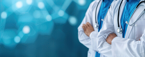 Wall Mural - Two doctors stand with their arms crossed in front of a blue background