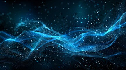 Poster - An image of a futuristic point wave. Data fields from blockchain. A stream of network lines connecting the data streams. An image of a concept of AI technology, digital communication. A rendering in