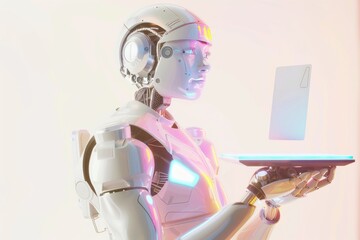 Wall Mural - An image of a female robot holding a tray of food and a blank card