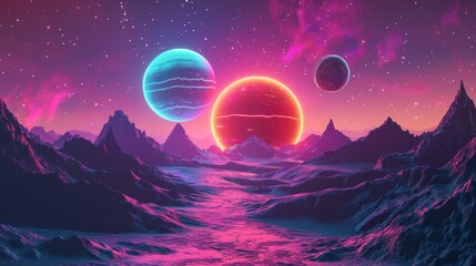 Wall Mural - Space sci-fi background with stars, planets, neon lights, cool planets. Futuristic space sci-fi abstract background.