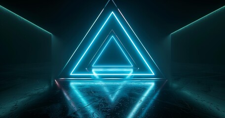 Poster - A 3D rendering of a geometric futuristic sci-fi neon primitive pyramid light on a dark grungy concrete surface