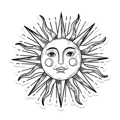 Poster - Sun with a face outline sticker overlay with a white border design element