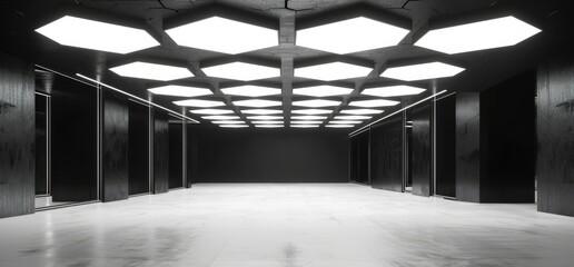 Poster - rendering of a futuristic interior with a hexagonal-shaped white ceiling light and empty wall space