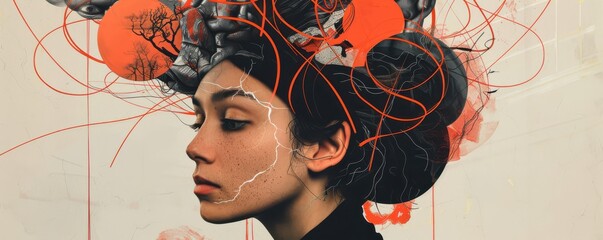 Modern collage illustration depicting a confused woman with abstract elements. Free copy space for text.