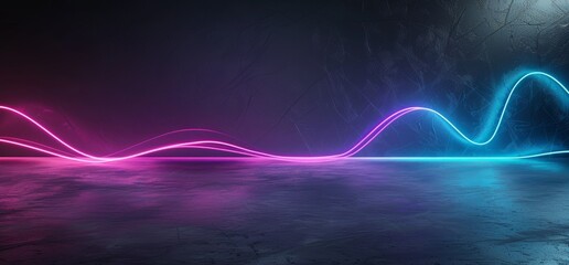 Poster - 3D rendering of a futuristic sci-fi alien ship in a reflective dark corridor tunnel with big white windows and abstract shaped neon glow lines.