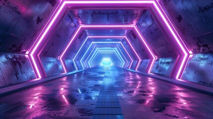 Poster - 3D Rendering of a bright futuristic alien corridor tunnel with purple and blue neon lights surrounded by a hexagonal floor background.