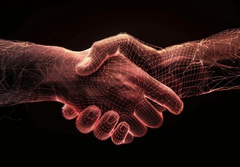 Poster - Human and robot handshake on blue background, stock, AI, futuristic business and technology concept, 3D illustration