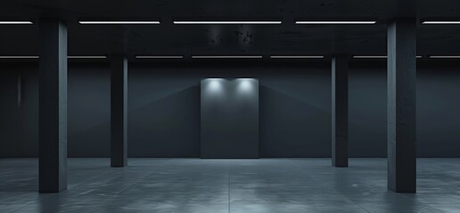 Poster - Stylish Underground Garage Tunnel Corridor Empty Space White Glow Glossy Columns 3D Rendering in Sci Fi Style