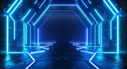 Poster - A futuristic sci-fi empty stage with neon lights, abstract background, and a 3D rendering
