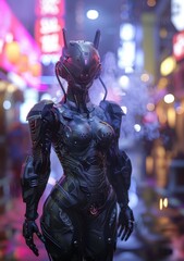 Poster - The concept art depicts a science fiction cyborg female in a shiny black metal armor suit with a helmet and red luminous glasses as she stands in a nighttime city street with shopping malls.