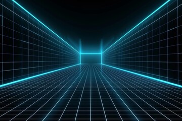 Poster - Vintage retro futuristic tunnel with neon light lines. Cyberspace sci-fi portal border concept.