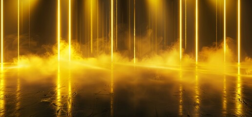Poster - an alien in a futuristic wing shape emitting a smoky fog of neon lights with orange and yellow glowi