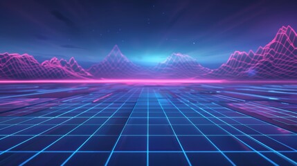 Poster - 80s retro sci-fi background with abstract futuristic grid.