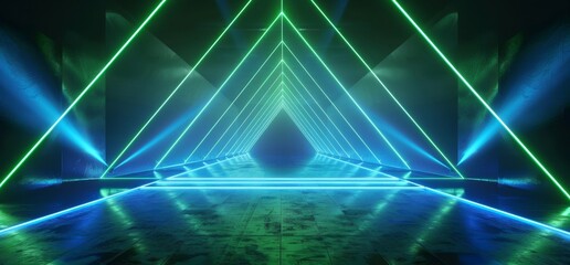 Poster - HQ 3D rendering of a futuristic, cyber-vibrant laser triangle podium gallery in green, blue, neon, and fluorescent Pantone colors.