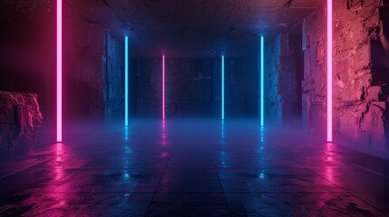 Poster - A 3D render of an abstract pink blue gradient and neon lines glowing in the darkness inside a black room.